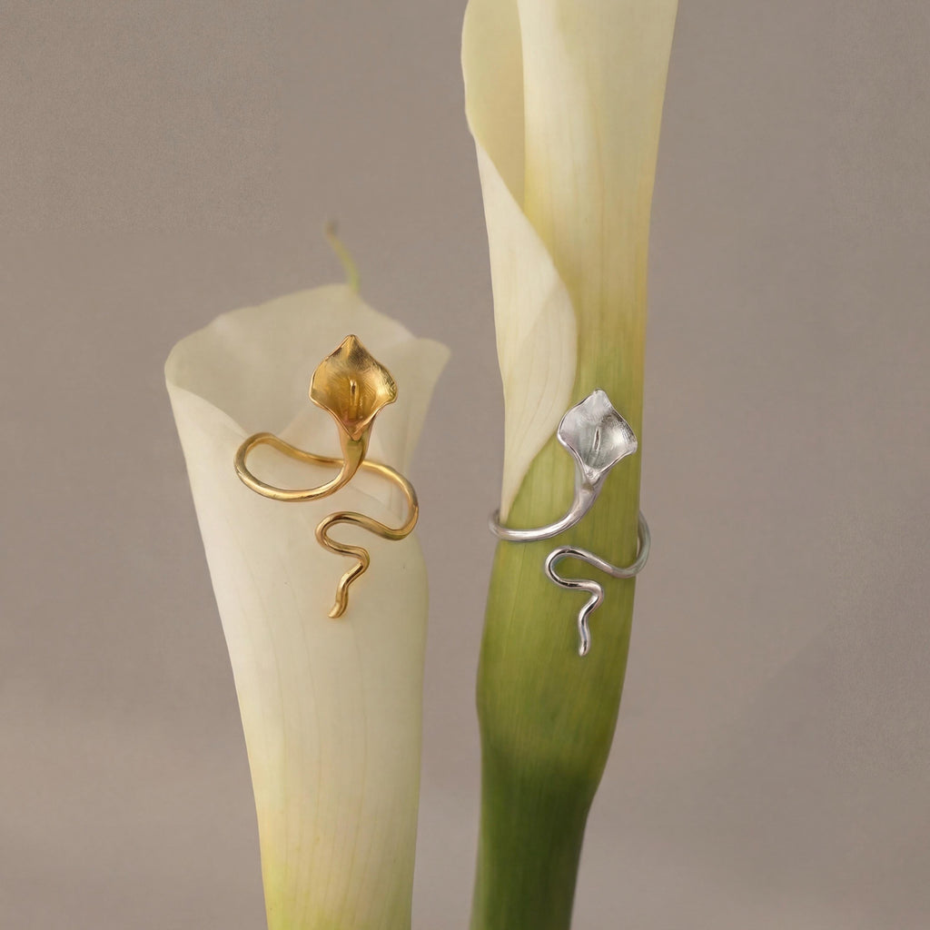Calla Lily Ring, 18K Gold Vermeil or 925 Sterling Silver, Adjustable Open Band, Botanical Floral Design, Gift for Her