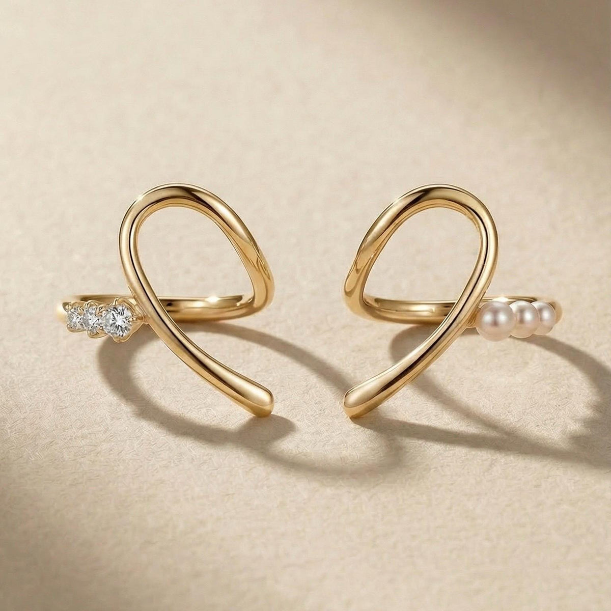 Heart Puzzle Ring Set for Couples, Matching Rings for Two, Moissanite Pearl Design, Adjustable Open Band, 18K Gold Vermeil, Gift for Her