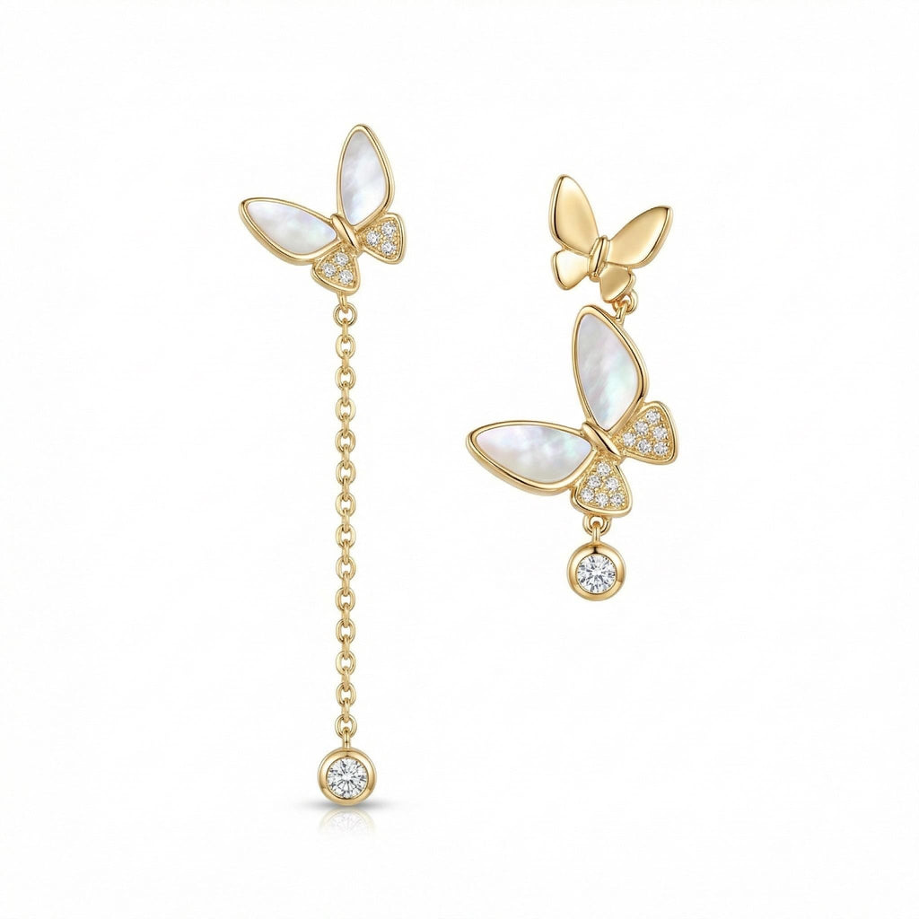 Asymmetric Butterfly Drop Earrings, Mother of Pearl and Moissanite, 18K Gold Vermeil 925 Sterling Silver, Mismatched Earring Gift for Her