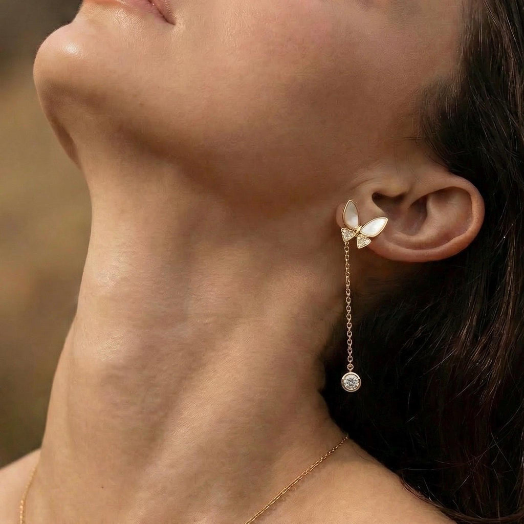 Asymmetric Butterfly Drop Earrings, Mother of Pearl and Moissanite, 18K Gold Vermeil 925 Sterling Silver, Mismatched Earring Gift for Her
