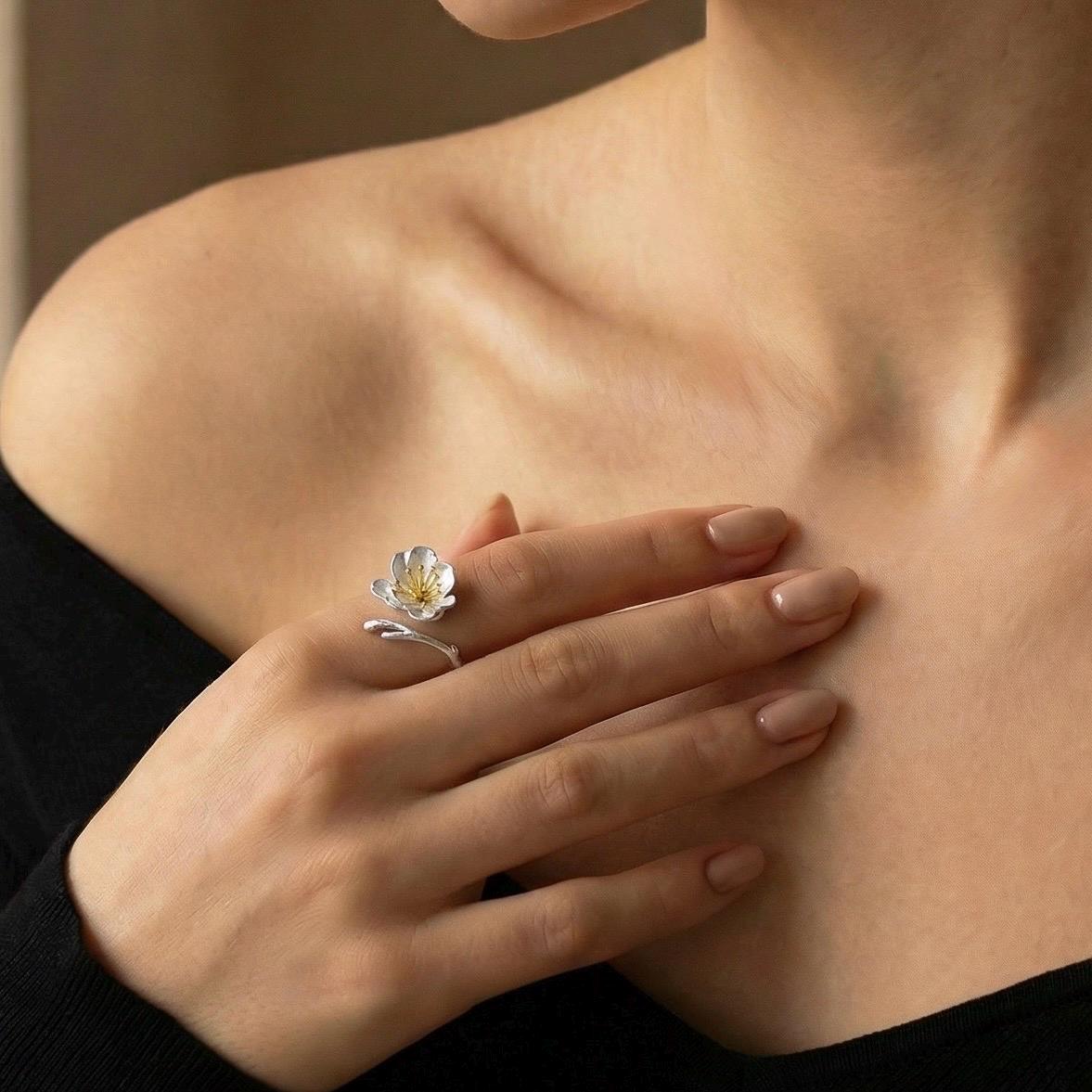 Cherry Blossom Ring, 18K Gold Vermeil, Adjustable Floral Statement Design, Dainty Nature Inspired, Gift for Her