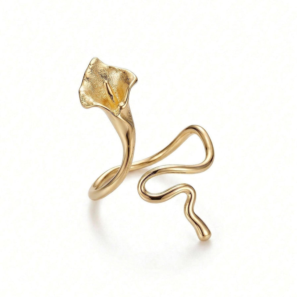 Calla Lily Ring, 18K Gold Vermeil or 925 Sterling Silver, Adjustable Open Band, Botanical Floral Design, Gift for Her