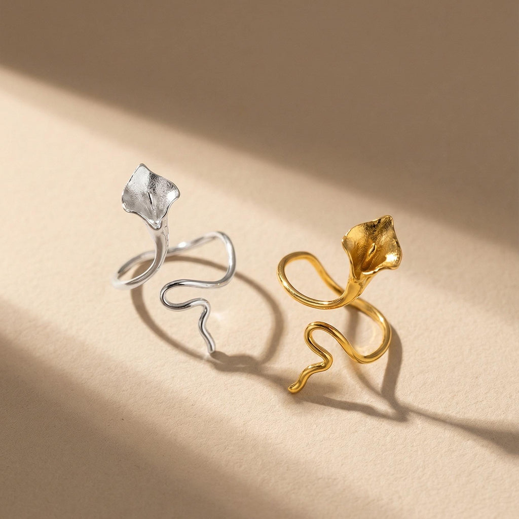 Calla Lily Ring, 18K Gold Vermeil or 925 Sterling Silver, Adjustable Open Band, Botanical Floral Design, Gift for Her