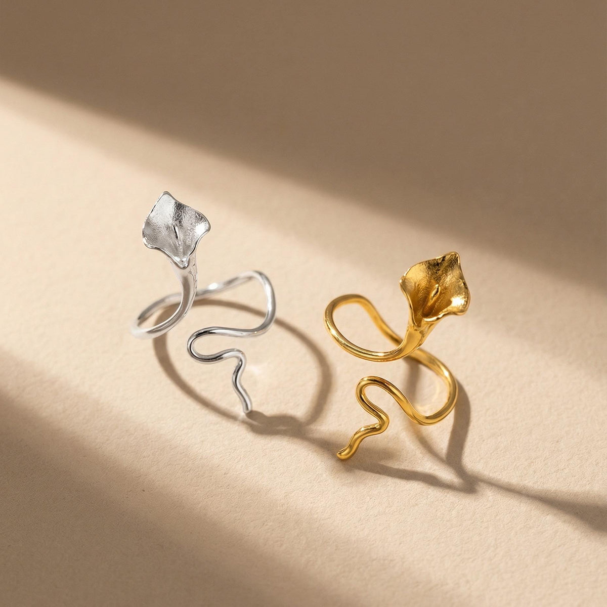 Calla Lily Ring, 18K Gold Vermeil or 925 Sterling Silver, Adjustable Open Band, Botanical Floral Design, Gift for Her