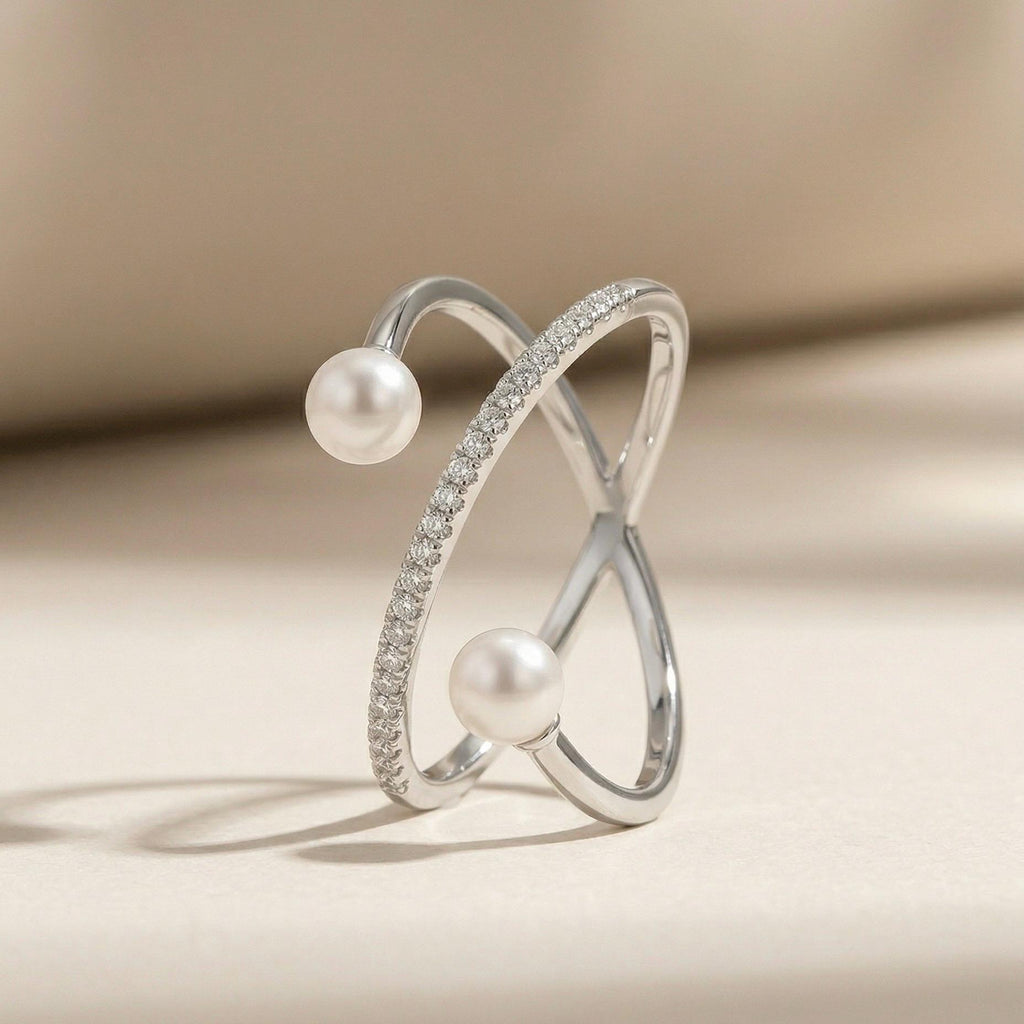 Freshwater Pearl Cross Ring, Handcrafted 14K Gold Vermeil, Moissanite Accent, Dainty Everyday Ring, Gift for Her