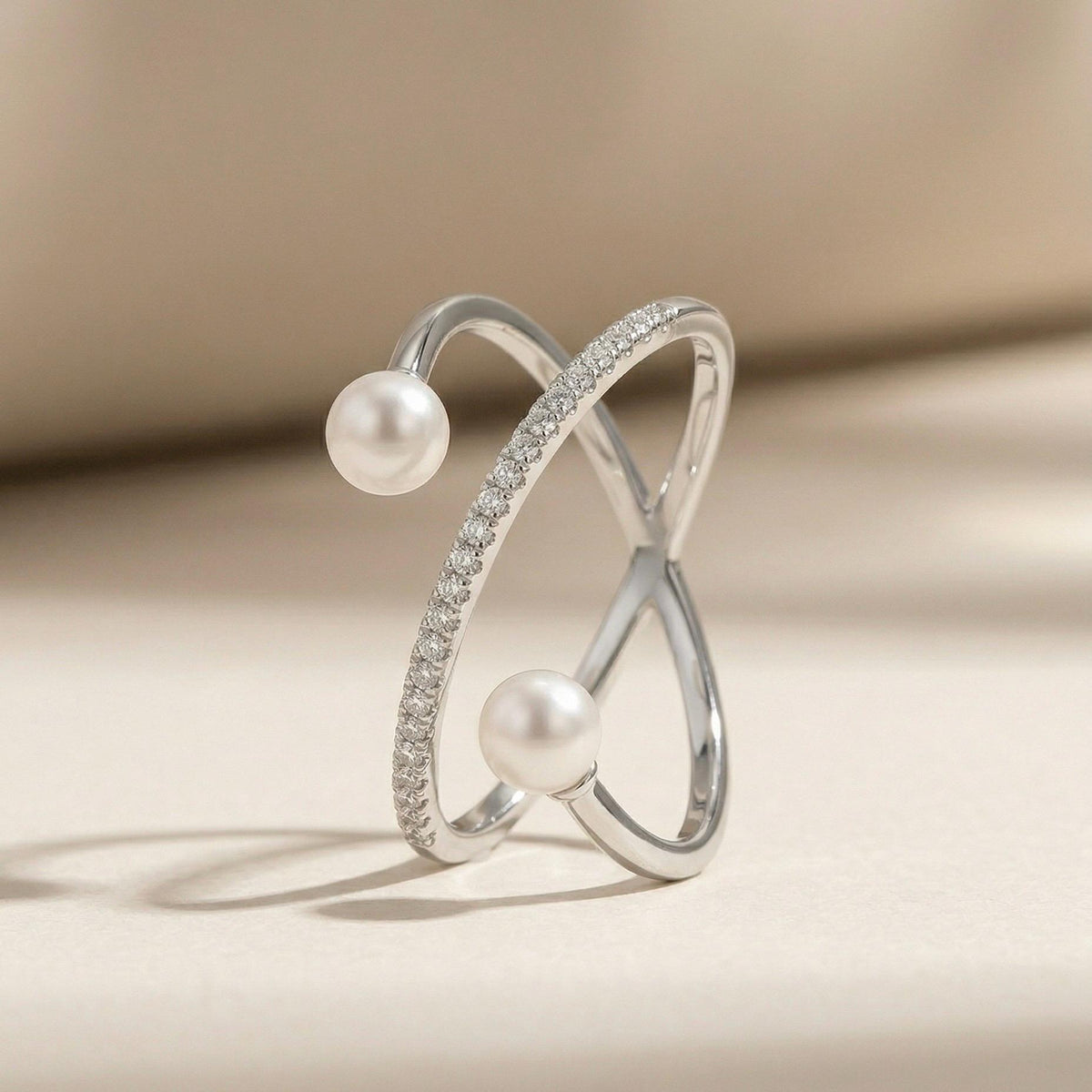 Freshwater Pearl Cross Ring, Handcrafted 14K Gold Vermeil, Moissanite Accent, Dainty Everyday Ring, Gift for Her
