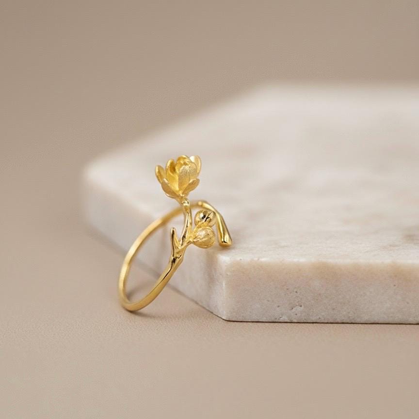 Magnolia Flower Branch Ring, 18K Gold Vermeil or 925 Sterling Silver, Adjustable Open Band, Botanical Nature Design, Gift for Her