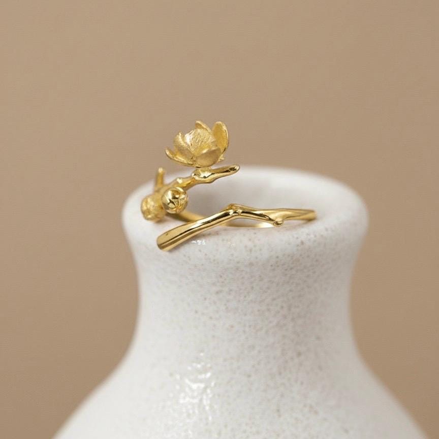 Magnolia Flower Branch Ring, 18K Gold Vermeil or 925 Sterling Silver, Adjustable Open Band, Botanical Nature Design, Gift for Her