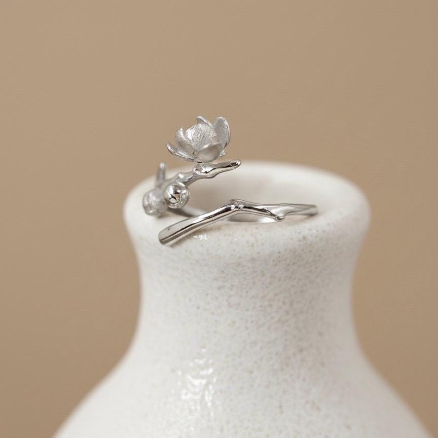 Magnolia Flower Branch Ring, 18K Gold Vermeil or 925 Sterling Silver, Adjustable Open Band, Botanical Nature Design, Gift for Her