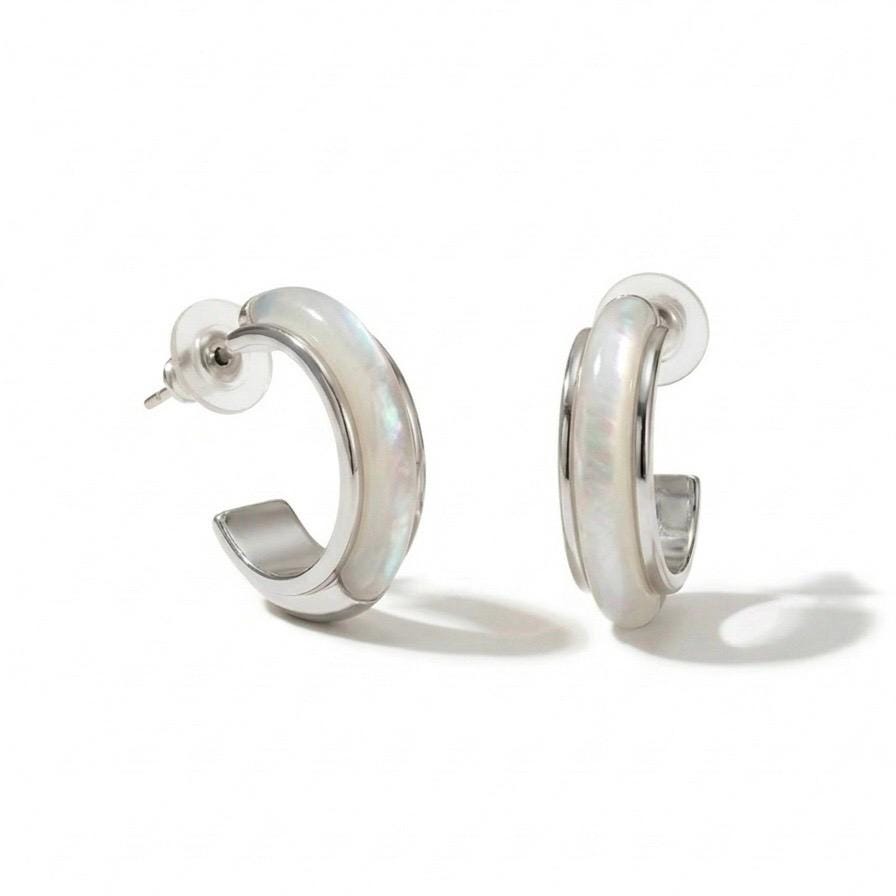 Mother of Pearl Hoop Earrings, 18K Gold Vermeil or 925 Sterling Silver, Dainty Shell Huggie Design, Iridescent Pearl Hoops, Gift for Her