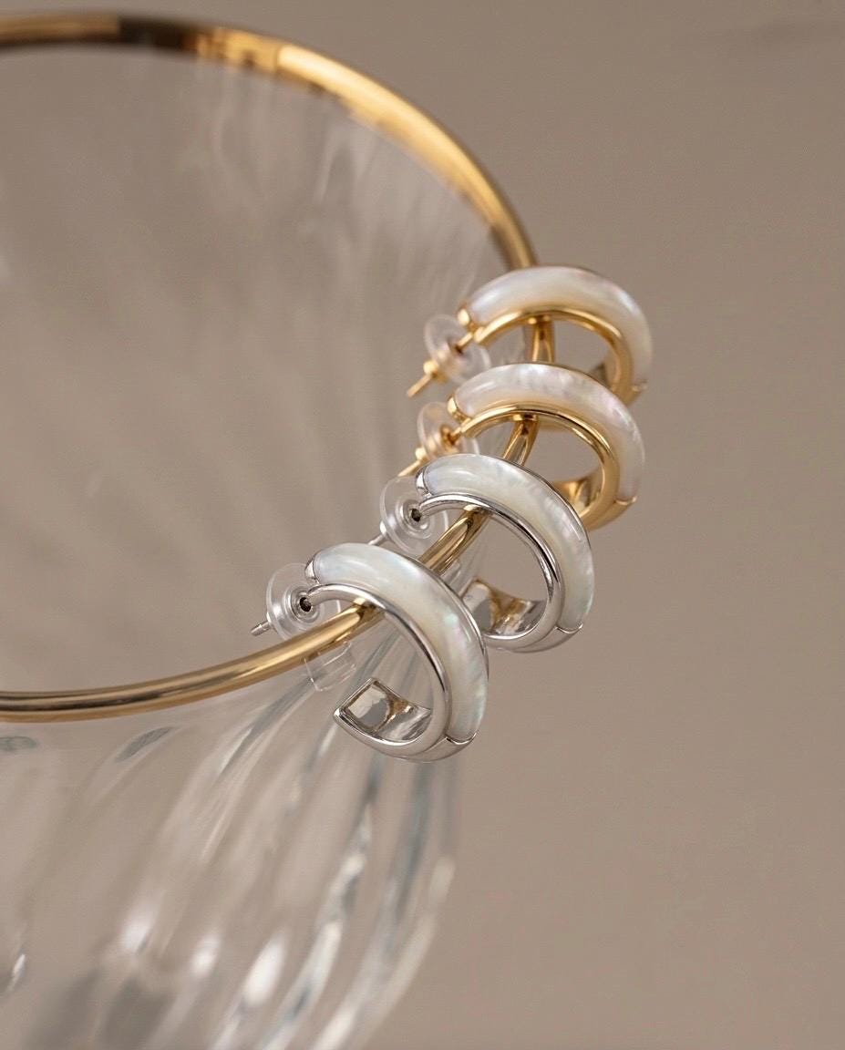 Mother of Pearl Hoop Earrings, 18K Gold Vermeil or 925 Sterling Silver, Dainty Shell Huggie Design, Iridescent Pearl Hoops, Gift for Her