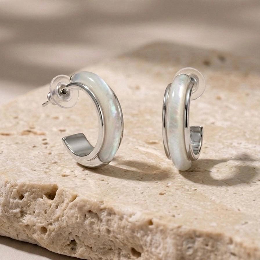 Mother of Pearl Hoop Earrings, 18K Gold Vermeil or 925 Sterling Silver, Dainty Shell Huggie Design, Iridescent Pearl Hoops, Gift for Her