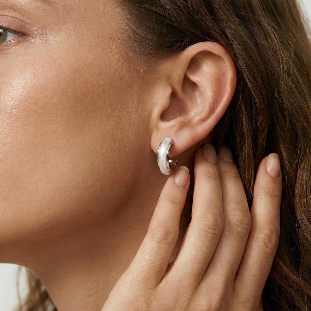 Mother of Pearl Hoop Earrings, 18K Gold Vermeil or 925 Sterling Silver, Dainty Shell Huggie Design, Iridescent Pearl Hoops, Gift for Her