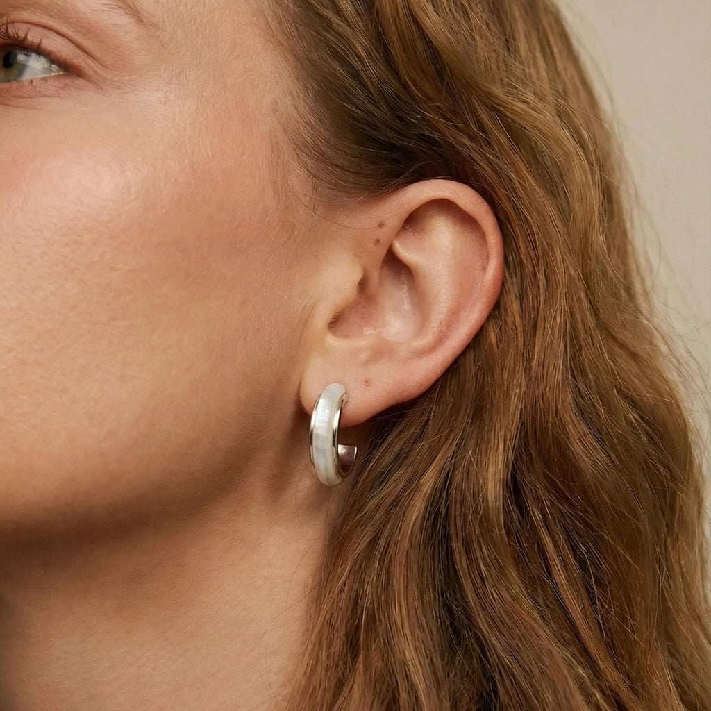 Mother of Pearl Hoop Earrings, 18K Gold Vermeil or 925 Sterling Silver, Dainty Shell Huggie Design, Iridescent Pearl Hoops, Gift for Her