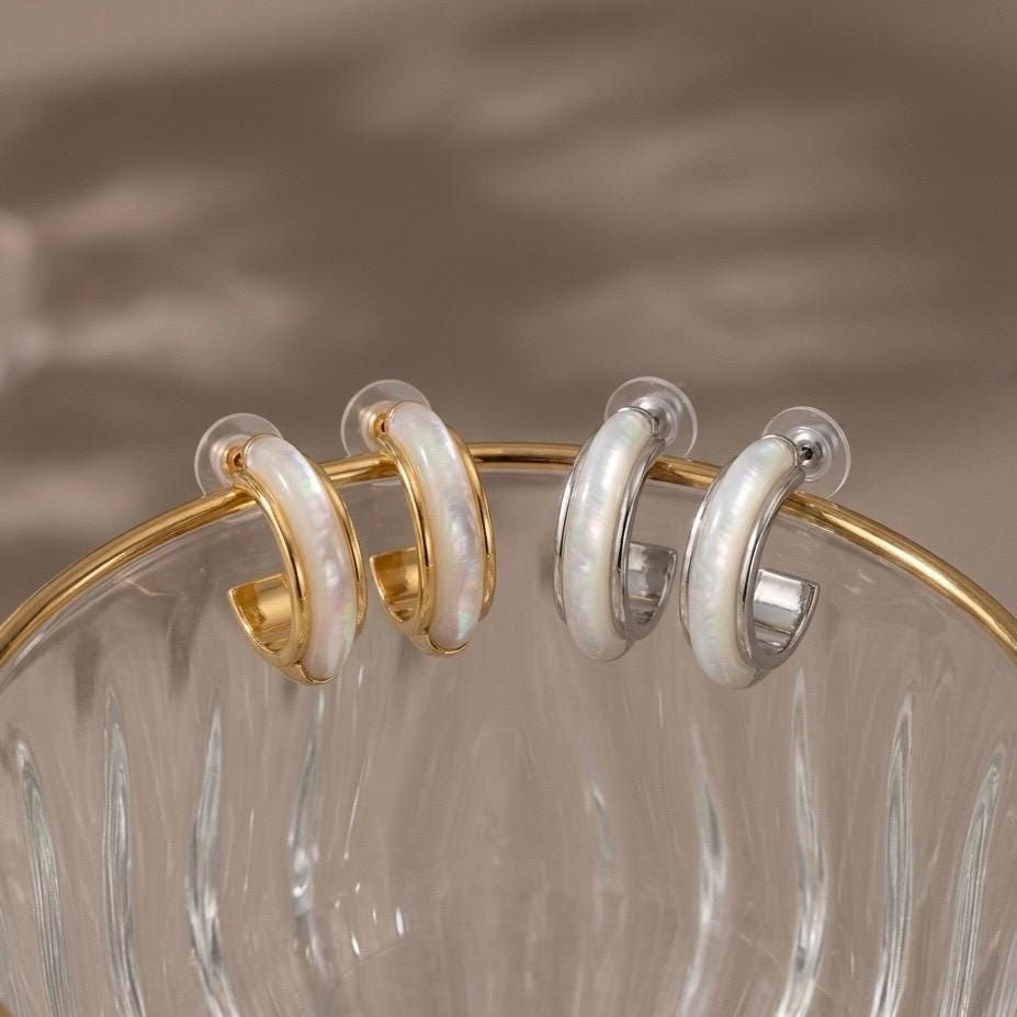 Mother of Pearl Hoop Earrings, 18K Gold Vermeil or 925 Sterling Silver, Dainty Shell Huggie Design, Iridescent Pearl Hoops, Gift for Her