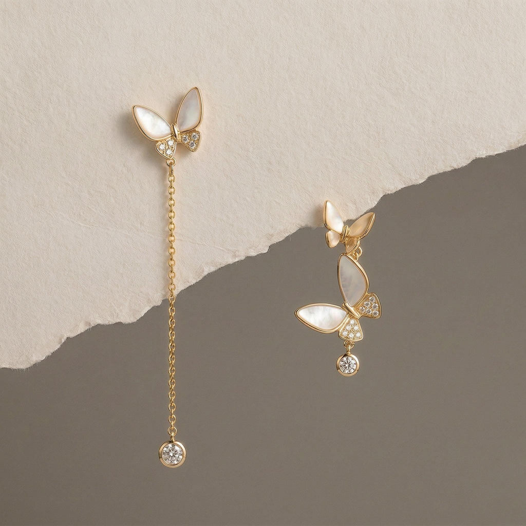 Asymmetric Butterfly Drop Earrings, Mother of Pearl and Moissanite, 18K Gold Vermeil 925 Sterling Silver, Mismatched Earring Gift for Her