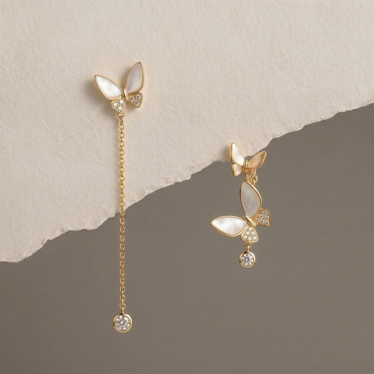 Asymmetric Butterfly Drop Earrings, Mother of Pearl and Moissanite, 18K Gold Vermeil 925 Sterling Silver, Mismatched Earring Gift for Her