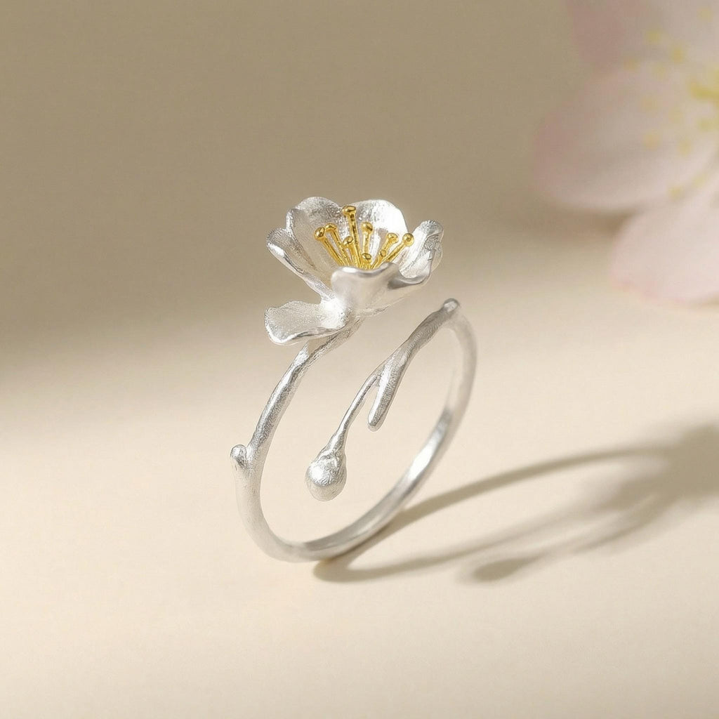 Cherry Blossom Ring, 18K Gold Vermeil, Adjustable Floral Statement Design, Dainty Nature Inspired, Gift for Her