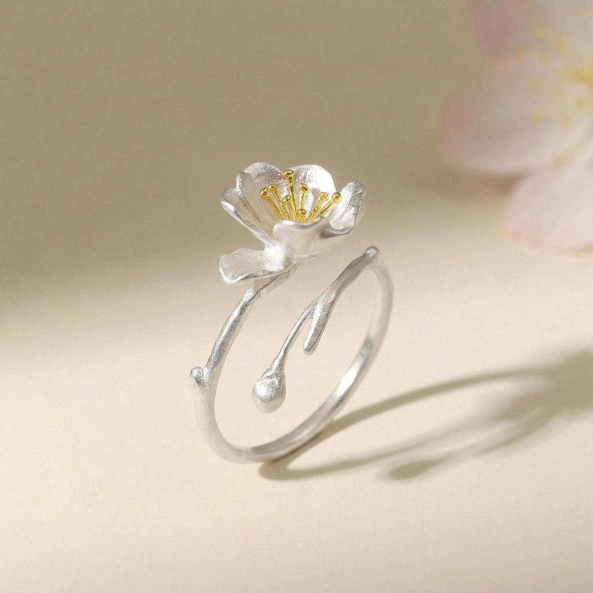 Cherry Blossom Ring, 18K Gold Vermeil, Adjustable Floral Statement Design, Dainty Nature Inspired, Gift for Her