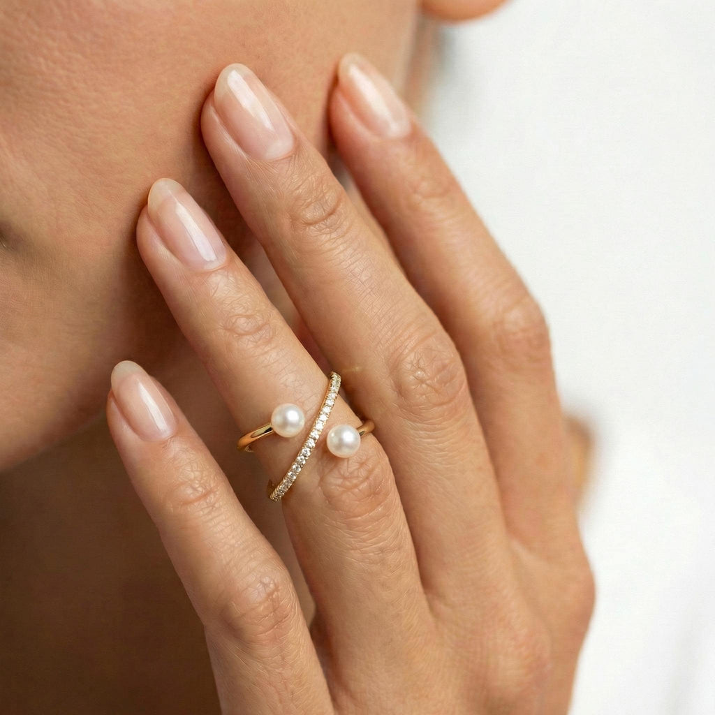Freshwater Pearl Cross Ring, Handcrafted 14K Gold Vermeil, Moissanite Accent, Dainty Everyday Ring, Gift for Her