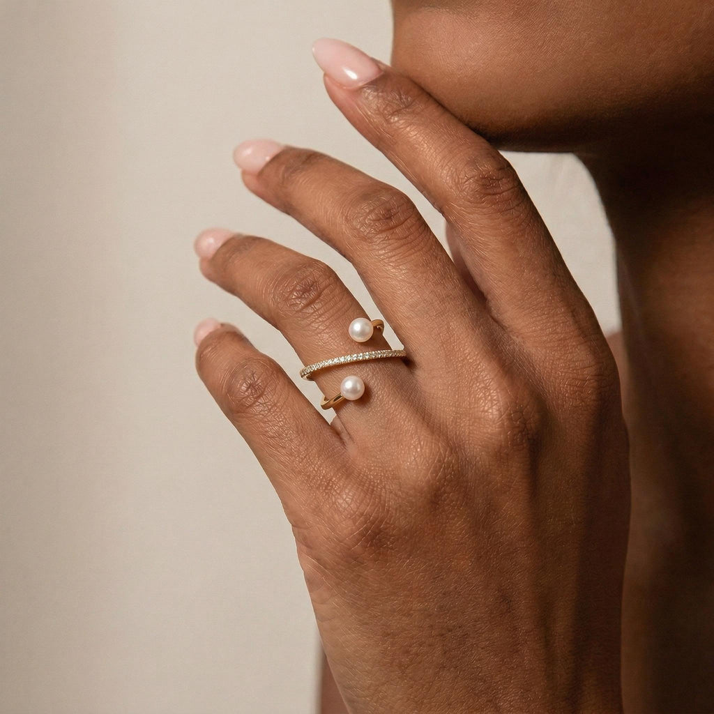 Freshwater Pearl Cross Ring, Handcrafted 14K Gold Vermeil, Moissanite Accent, Dainty Everyday Ring, Gift for Her