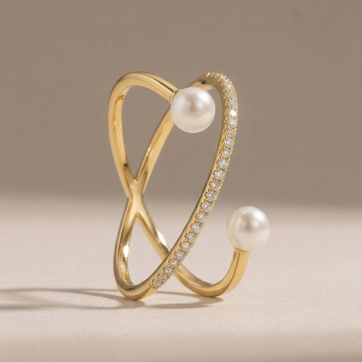 Freshwater Pearl Cross Ring, Handcrafted 14K Gold Vermeil, Moissanite Accent, Dainty Everyday Ring, Gift for Her