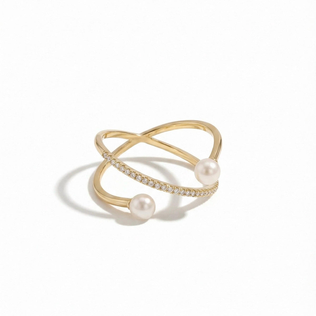 Freshwater Pearl Cross Ring, Handcrafted 14K Gold Vermeil, Moissanite Accent, Dainty Everyday Ring, Gift for Her