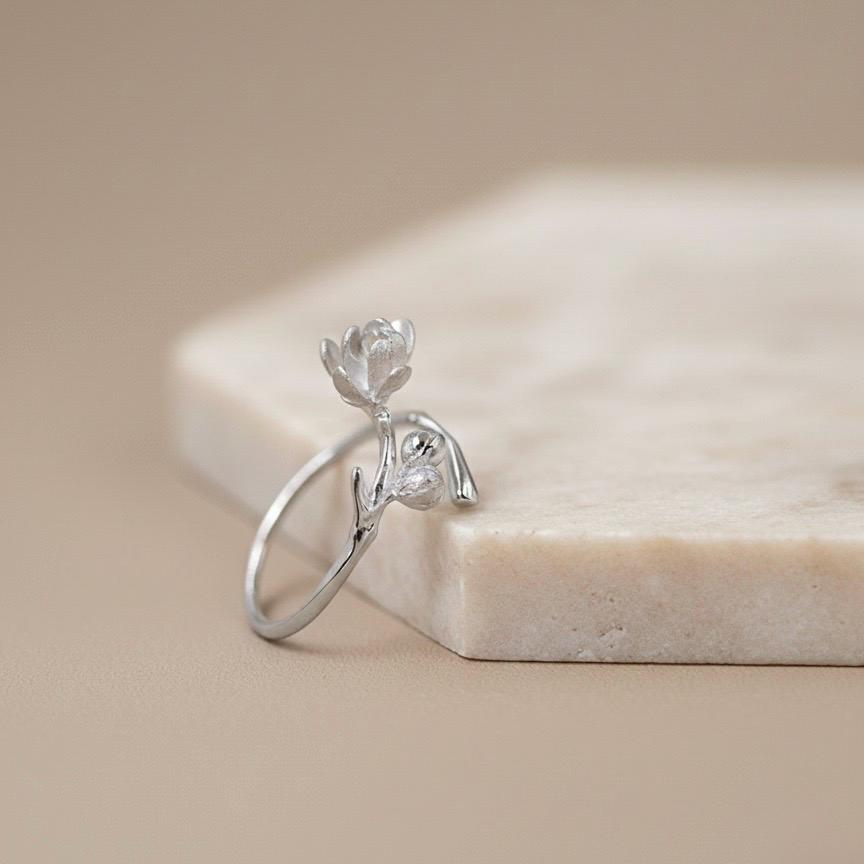 Magnolia Flower Branch Ring, 18K Gold Vermeil or 925 Sterling Silver, Adjustable Open Band, Botanical Nature Design, Gift for Her