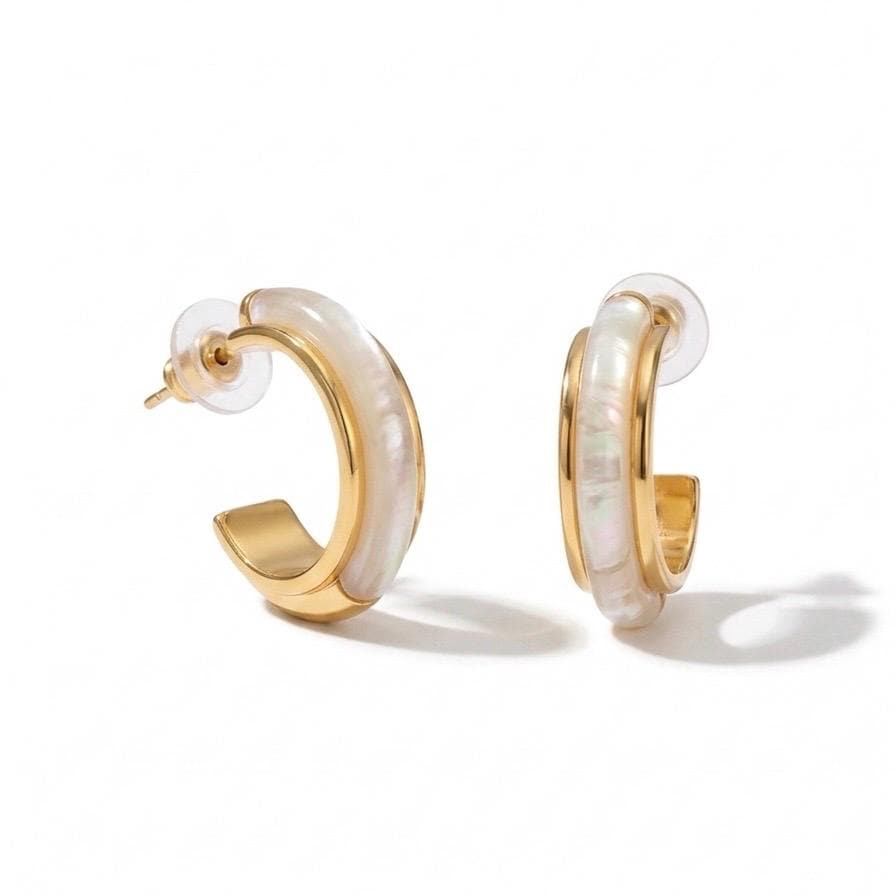 Mother of Pearl Hoop Earrings, 18K Gold Vermeil or 925 Sterling Silver, Dainty Shell Huggie Design, Iridescent Pearl Hoops, Gift for Her