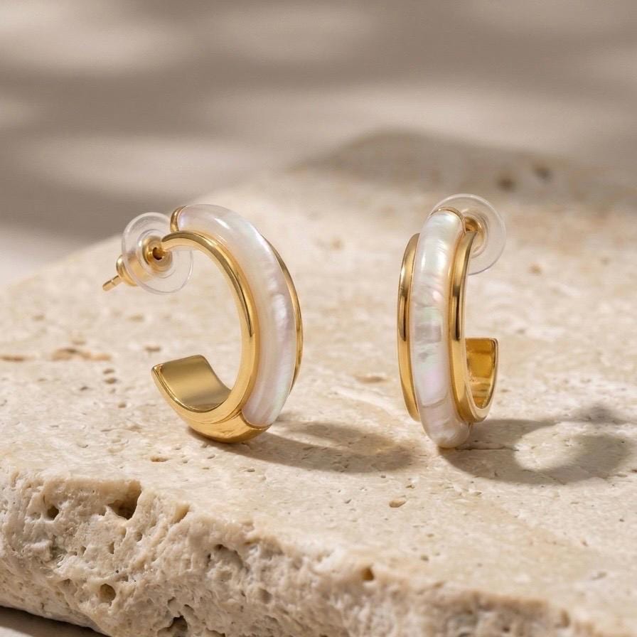 Mother of Pearl Hoop Earrings, 18K Gold Vermeil or 925 Sterling Silver, Dainty Shell Huggie Design, Iridescent Pearl Hoops, Gift for Her