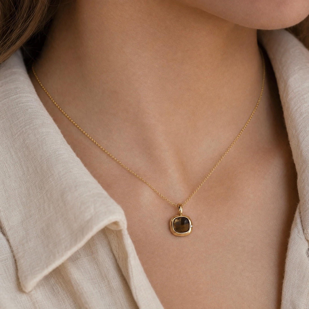 Leo Birthstone Necklace, Reversible Natural Tiger's Eye Pendant, 18K Gold Vermeil or 925 Sterling Silver, July August Birthday Gift for Her
