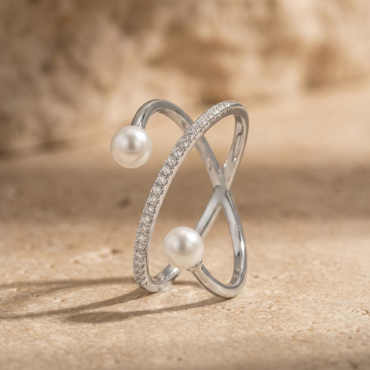 Freshwater Pearl Cross Ring, Handcrafted 14K Gold Vermeil, Moissanite Accent, Dainty Everyday Ring, Gift for Her