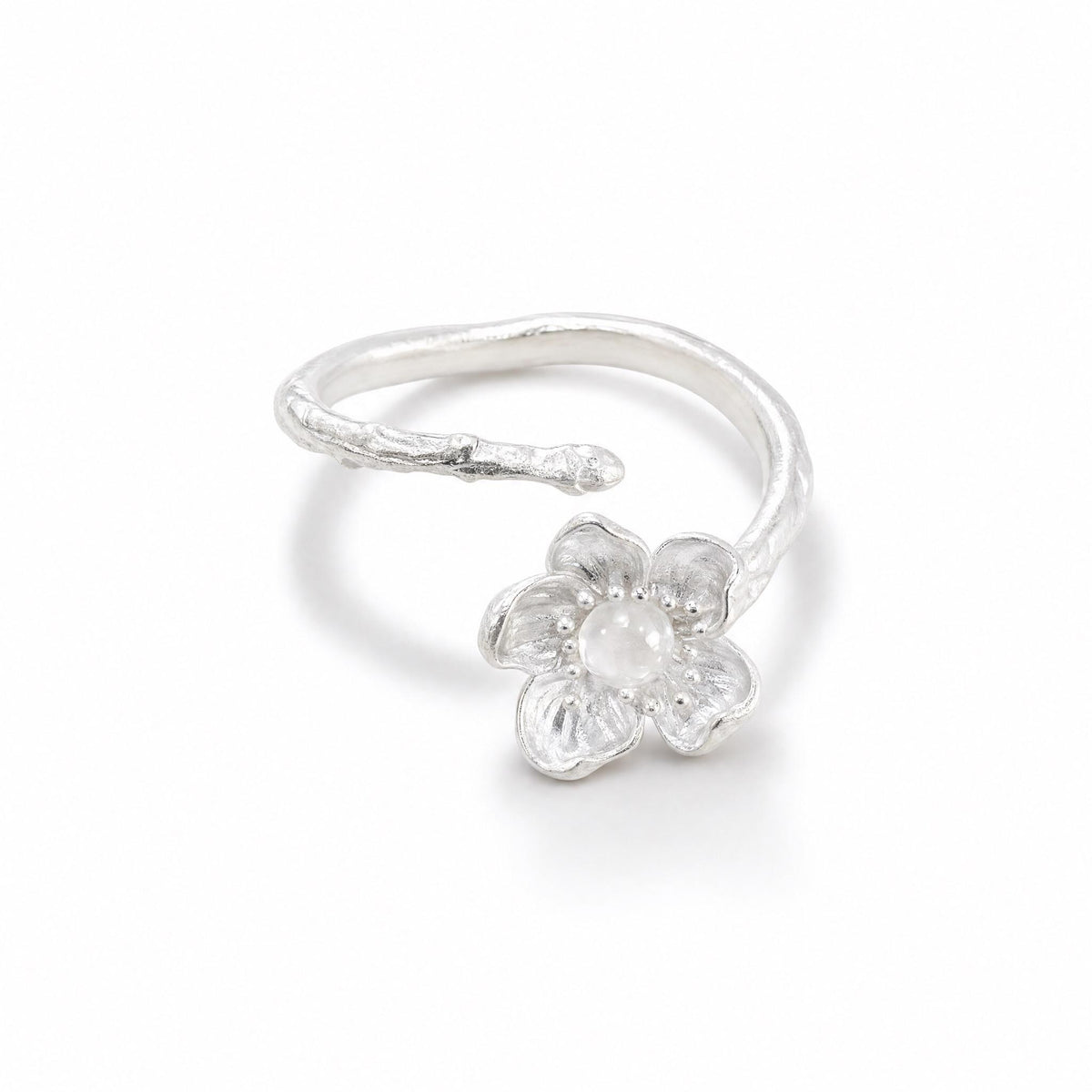 Cherry Blossom Ring, 925 Sterling Silver, Moonstone Floral Design, Adjustable Open Band, Handcrafted Botanical Jewelry, Gift for Her