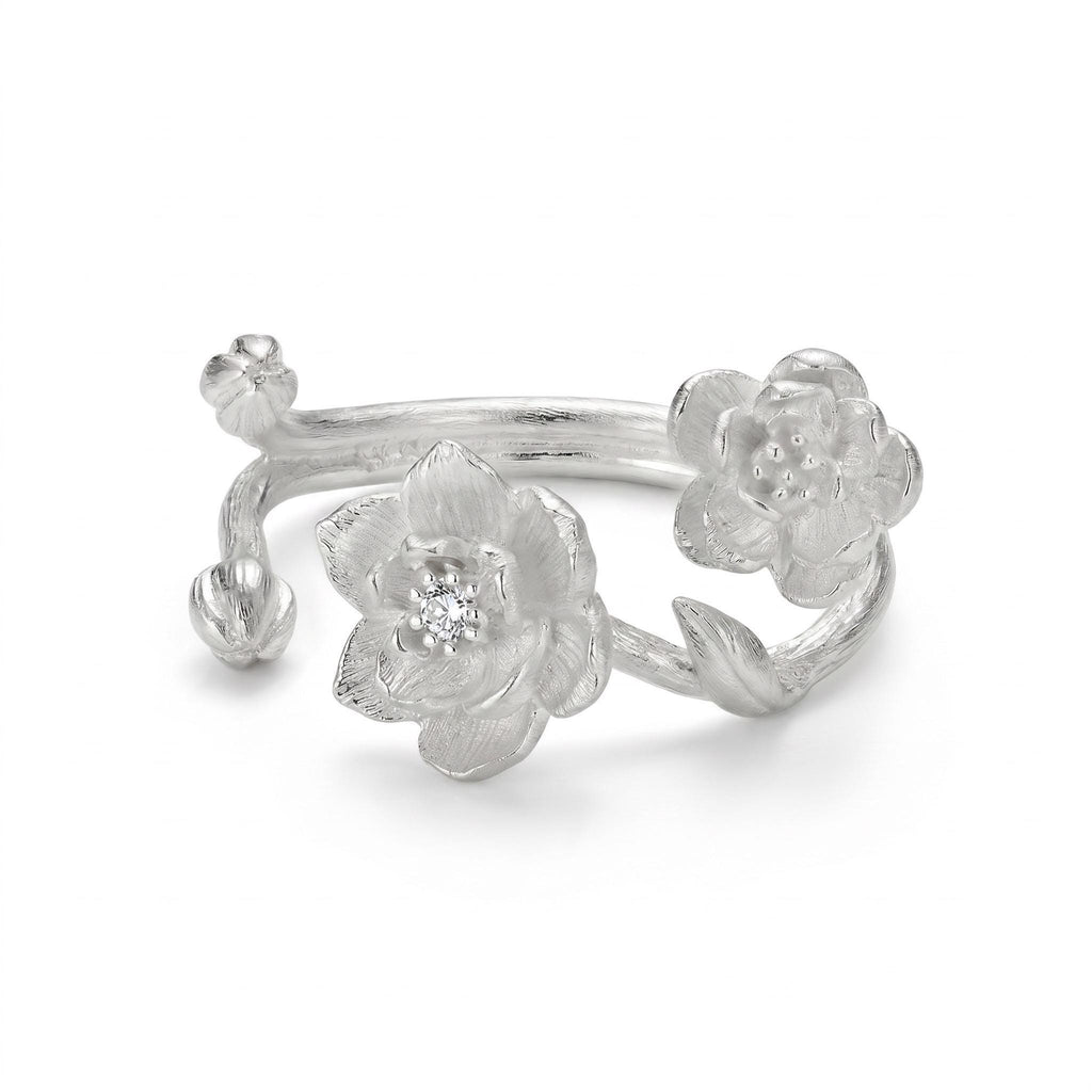 Peony Wildflower Branch Ring, 925 Sterling Silver, Floral Statement Design, CZ Accent Botanical Ring, Adjustable Open Band, Gift for Her