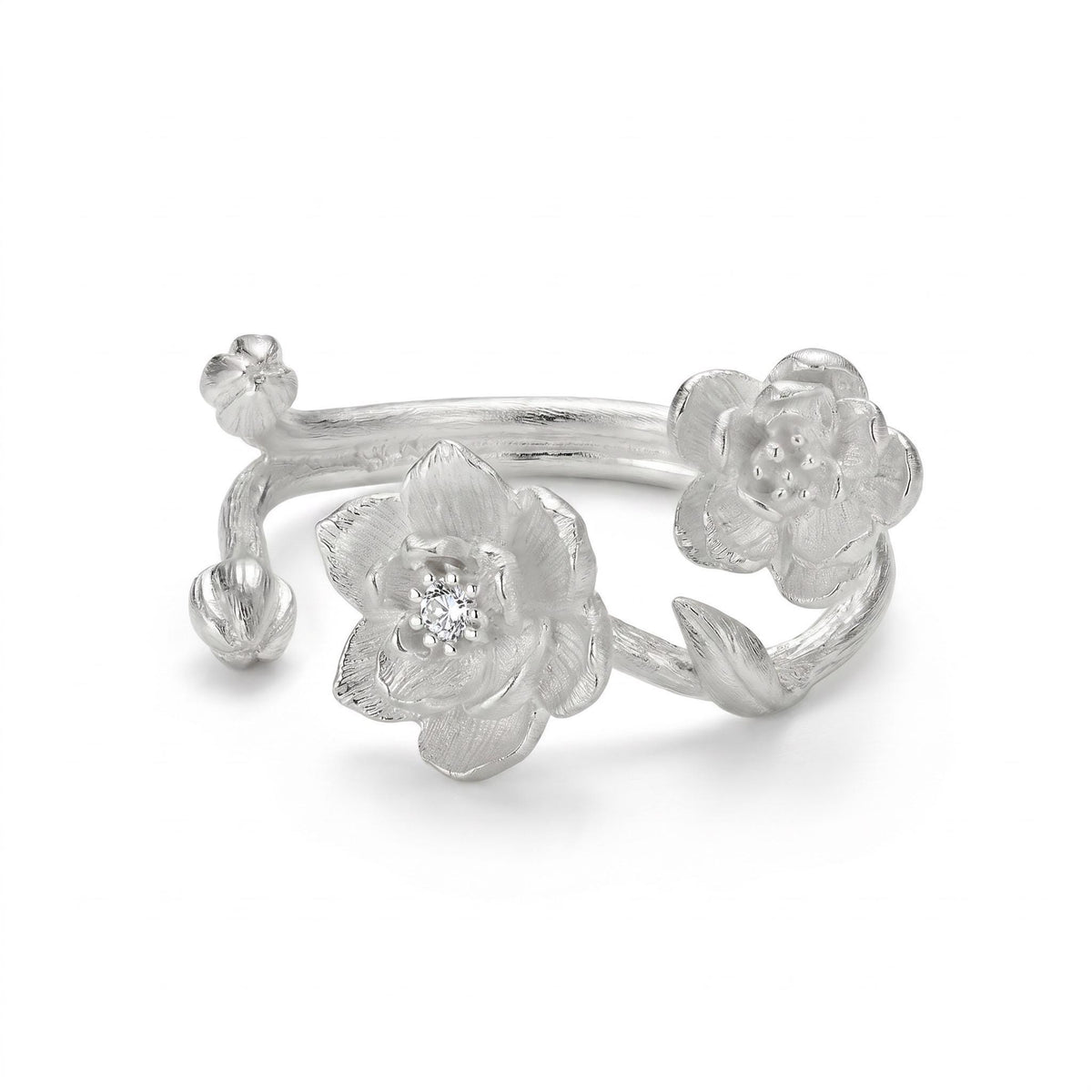 Peony Wildflower Branch Ring, 925 Sterling Silver, Floral Statement Design, CZ Accent Botanical Ring, Adjustable Open Band, Gift for Her