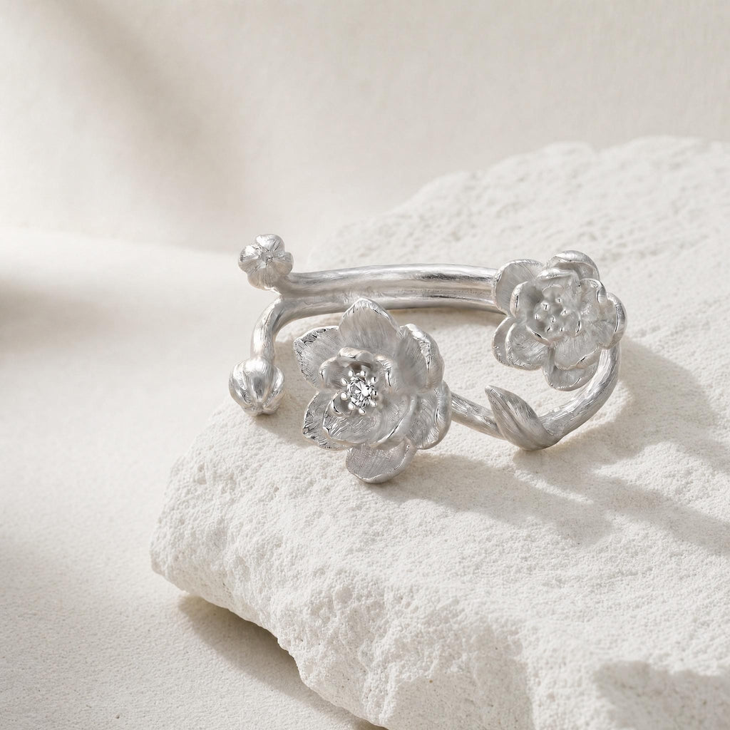 Peony Wildflower Branch Ring, 925 Sterling Silver, Floral Statement Design, CZ Accent Botanical Ring, Adjustable Open Band, Gift for Her