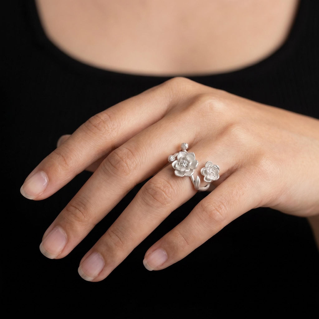 Peony Wildflower Branch Ring, 925 Sterling Silver, Floral Statement Design, CZ Accent Botanical Ring, Adjustable Open Band, Gift for Her