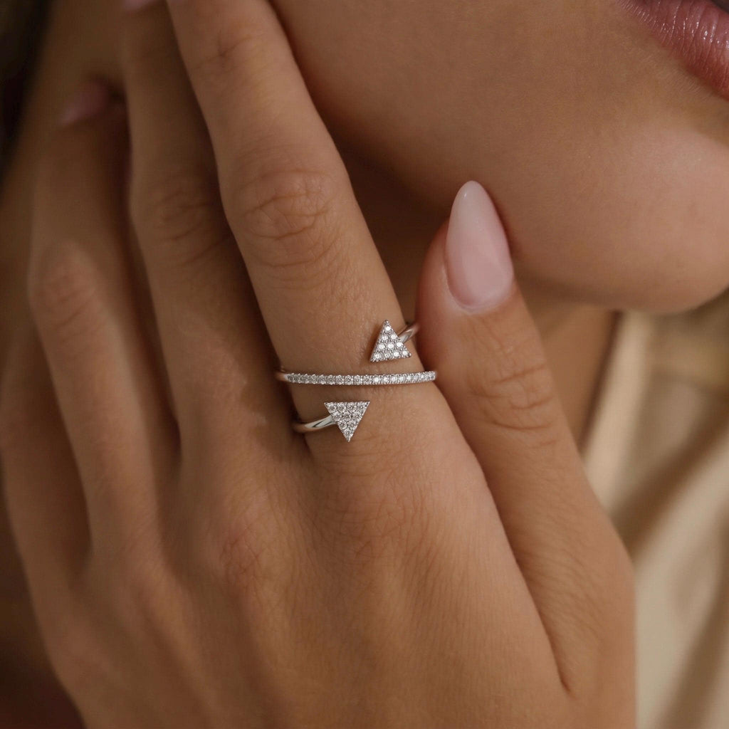 Dual Arrow Ring, Moissanite Geometric Design, 14K Gold Vermeil, Double Triangle Statement Ring, Dainty Everyday Ring, Gift for Her