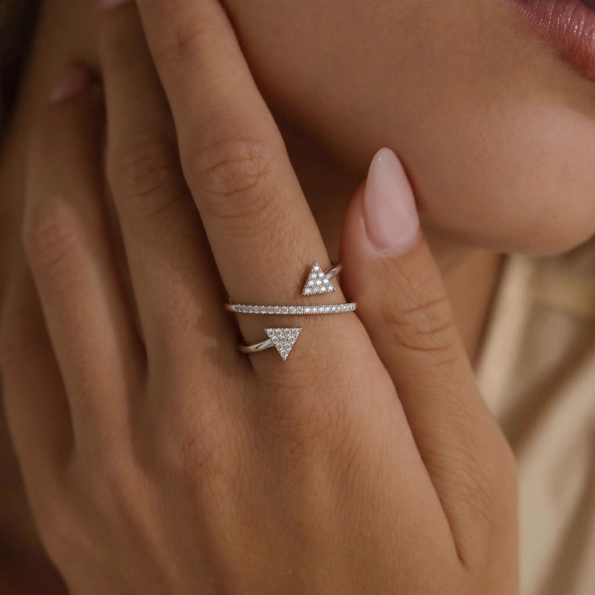 Dual Arrow Ring, Moissanite Geometric Design, 14K Gold Vermeil, Double Triangle Statement Ring, Dainty Everyday Ring, Gift for Her