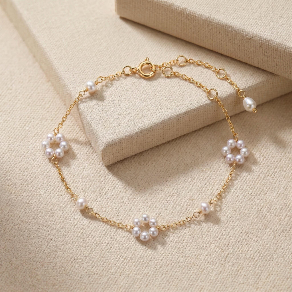 Freshwater Pearl Bracelet, Handcrafted Pearl Flower Design, 18K Gold Vermeil, Bridal Bridesmaid Jewelry, Mother's Day Gift for Her