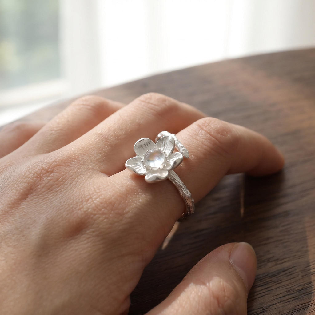 Cherry Blossom Ring, 925 Sterling Silver, Moonstone Floral Design, Adjustable Open Band, Handcrafted Botanical Jewelry, Gift for Her