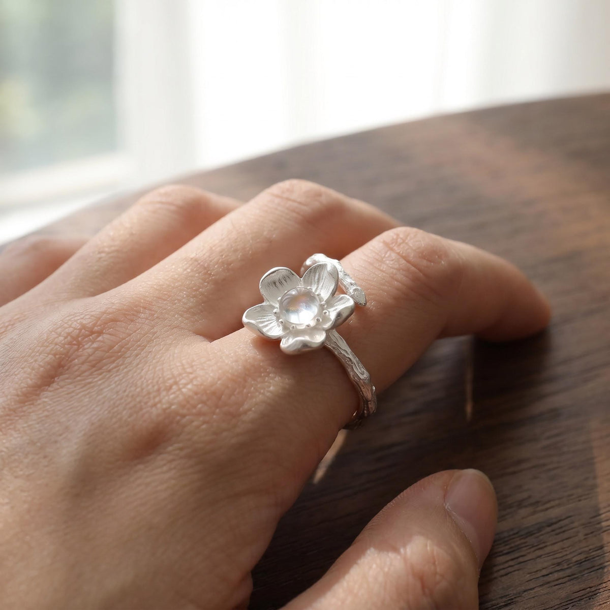 Cherry Blossom Ring, 925 Sterling Silver, Moonstone Floral Design, Adjustable Open Band, Handcrafted Botanical Jewelry, Gift for Her