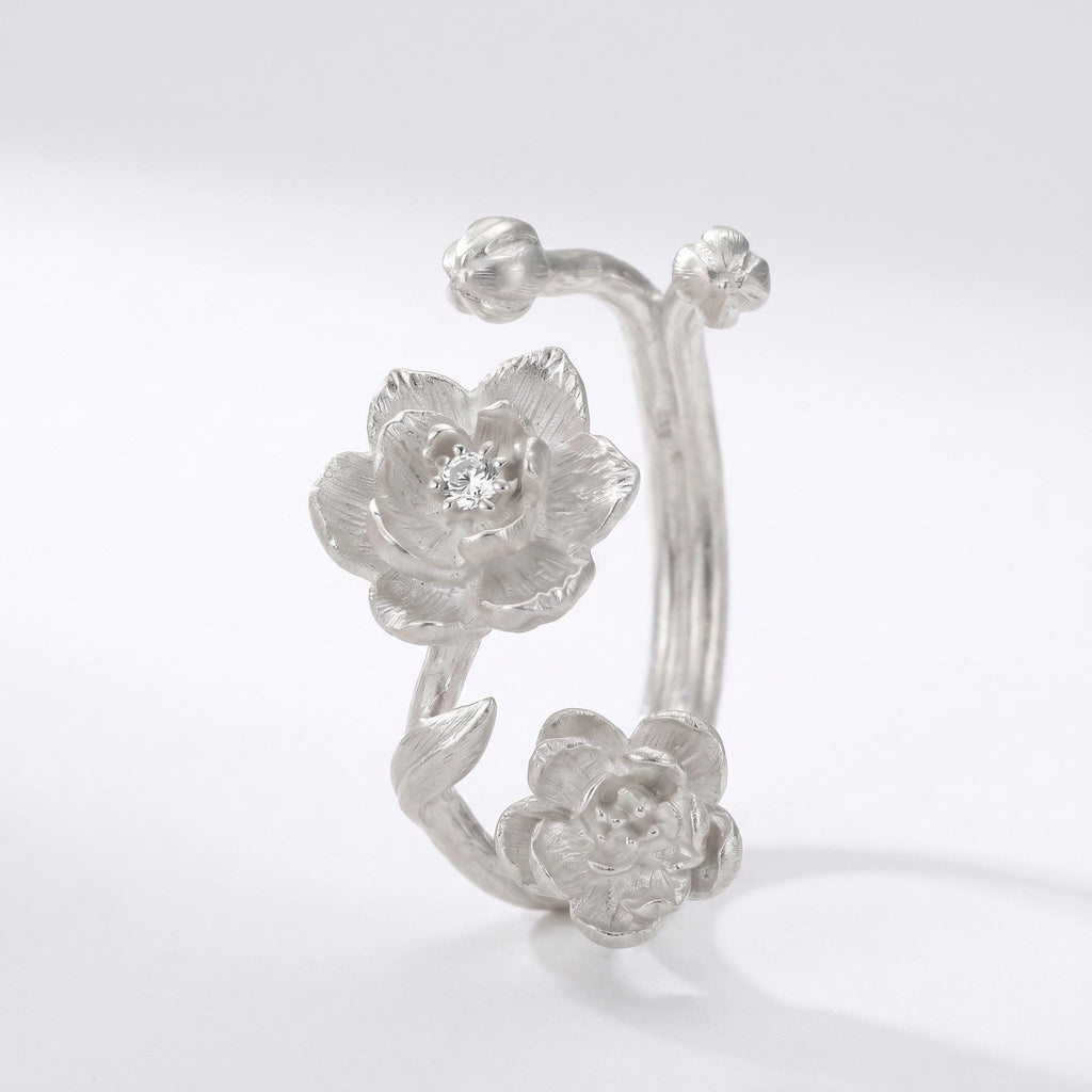 Peony Wildflower Branch Ring, 925 Sterling Silver, Floral Statement Design, CZ Accent Botanical Ring, Adjustable Open Band, Gift for Her