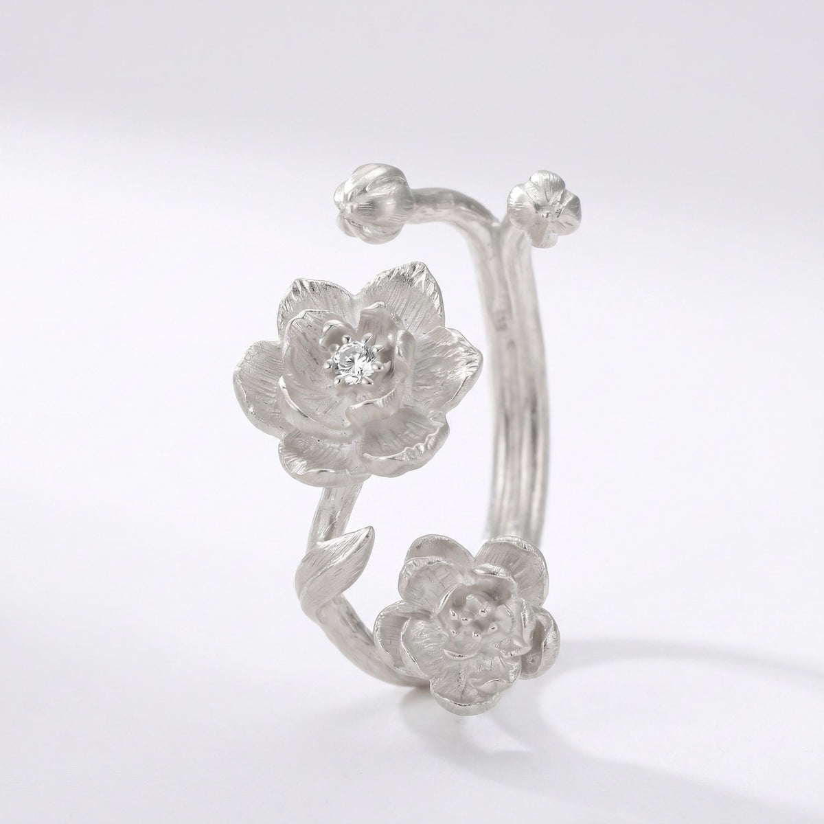 Peony Wildflower Branch Ring, 925 Sterling Silver, Floral Statement Design, CZ Accent Botanical Ring, Adjustable Open Band, Gift for Her