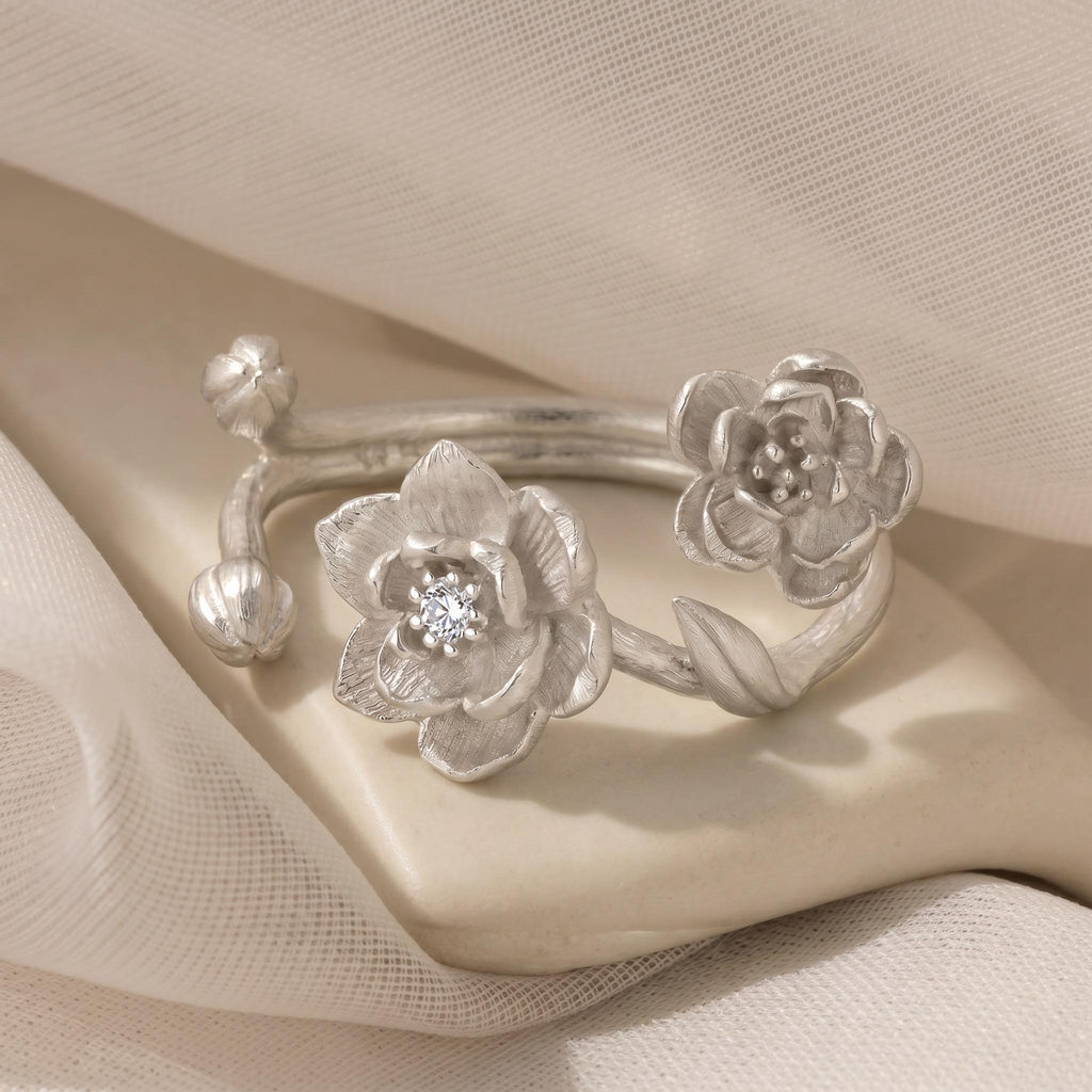 Peony Wildflower Branch Ring, 925 Sterling Silver, Floral Statement Design, CZ Accent Botanical Ring, Adjustable Open Band, Gift for Her