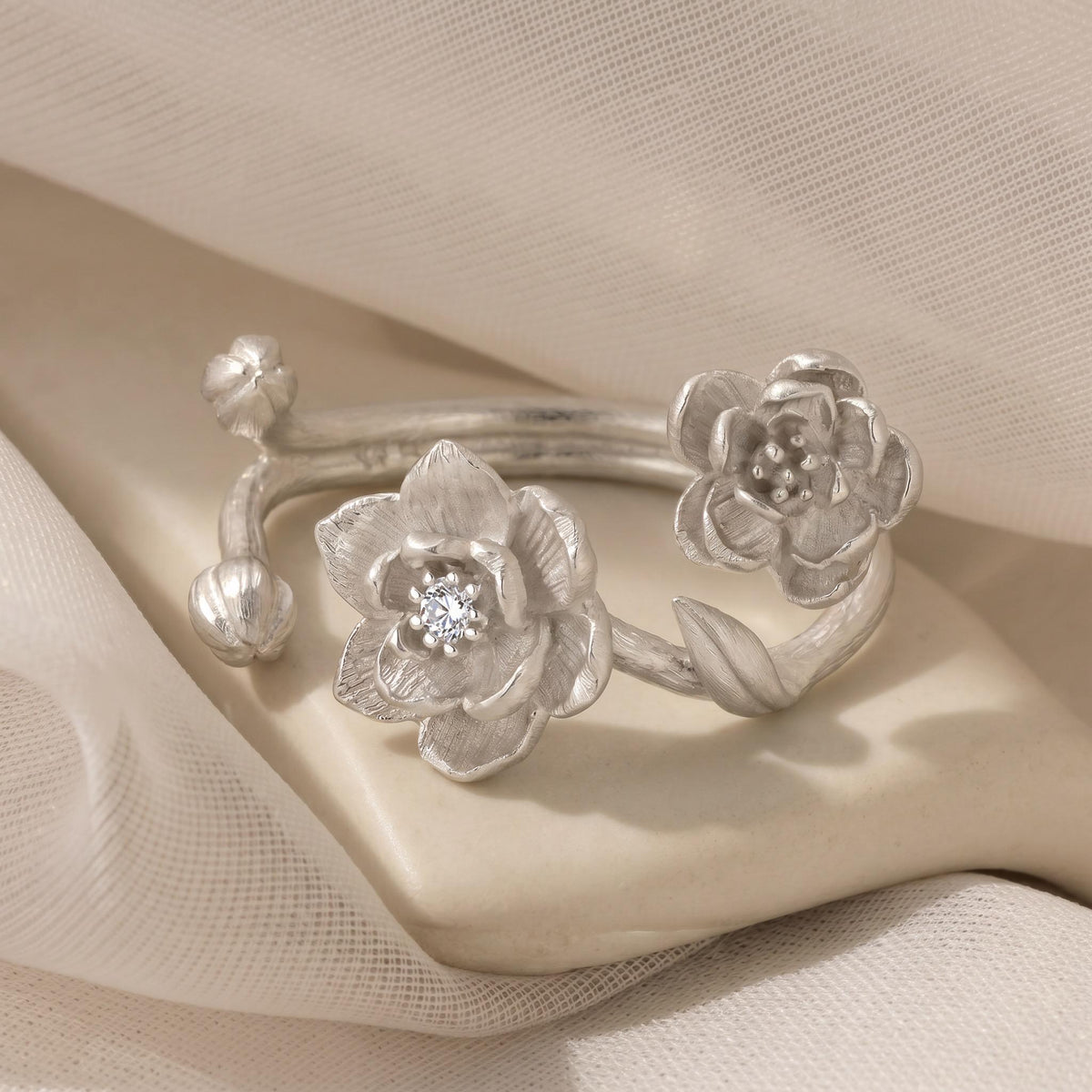 Peony Wildflower Branch Ring, 925 Sterling Silver, Floral Statement Design, CZ Accent Botanical Ring, Adjustable Open Band, Gift for Her