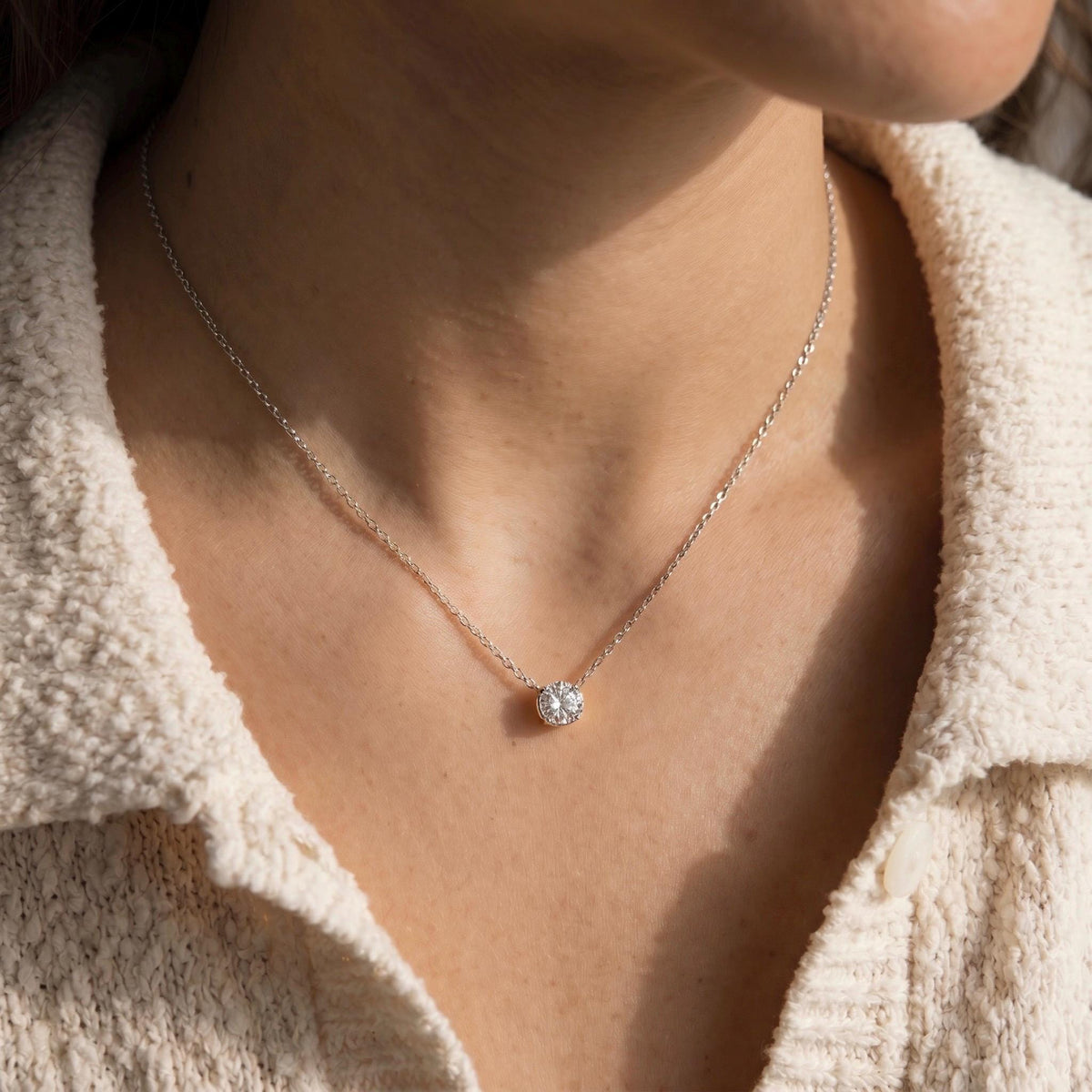 Moissanite Solitaire Necklace, 14K Gold Vermeil Bezel Set Pendant, Diamond Alternative, Dainty Everyday Necklace, Gift for Her