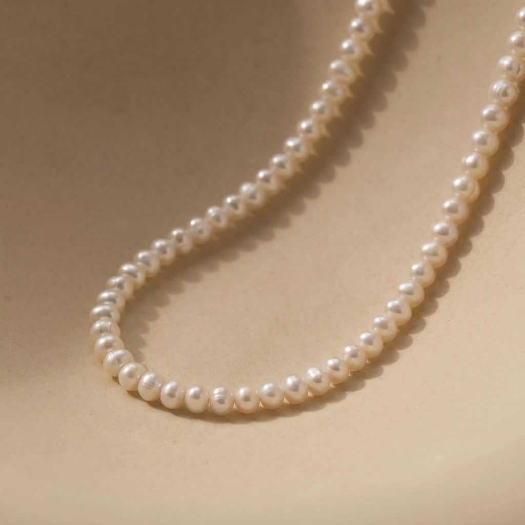 Freshwater Pearl Necklace, 4mm Round Pearl Beaded Choker, 925 Sterling Silver, Dainty Layering Necklace, Gift for Her