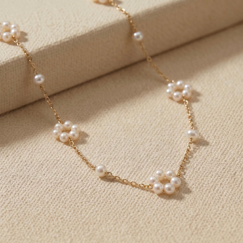 Pearl Flower Necklace, Freshwater Pearl Daisy Chain 18 Inch, 18K Gold or White Gold Vermeil, Dainty Layering Necklace, Gift for Her