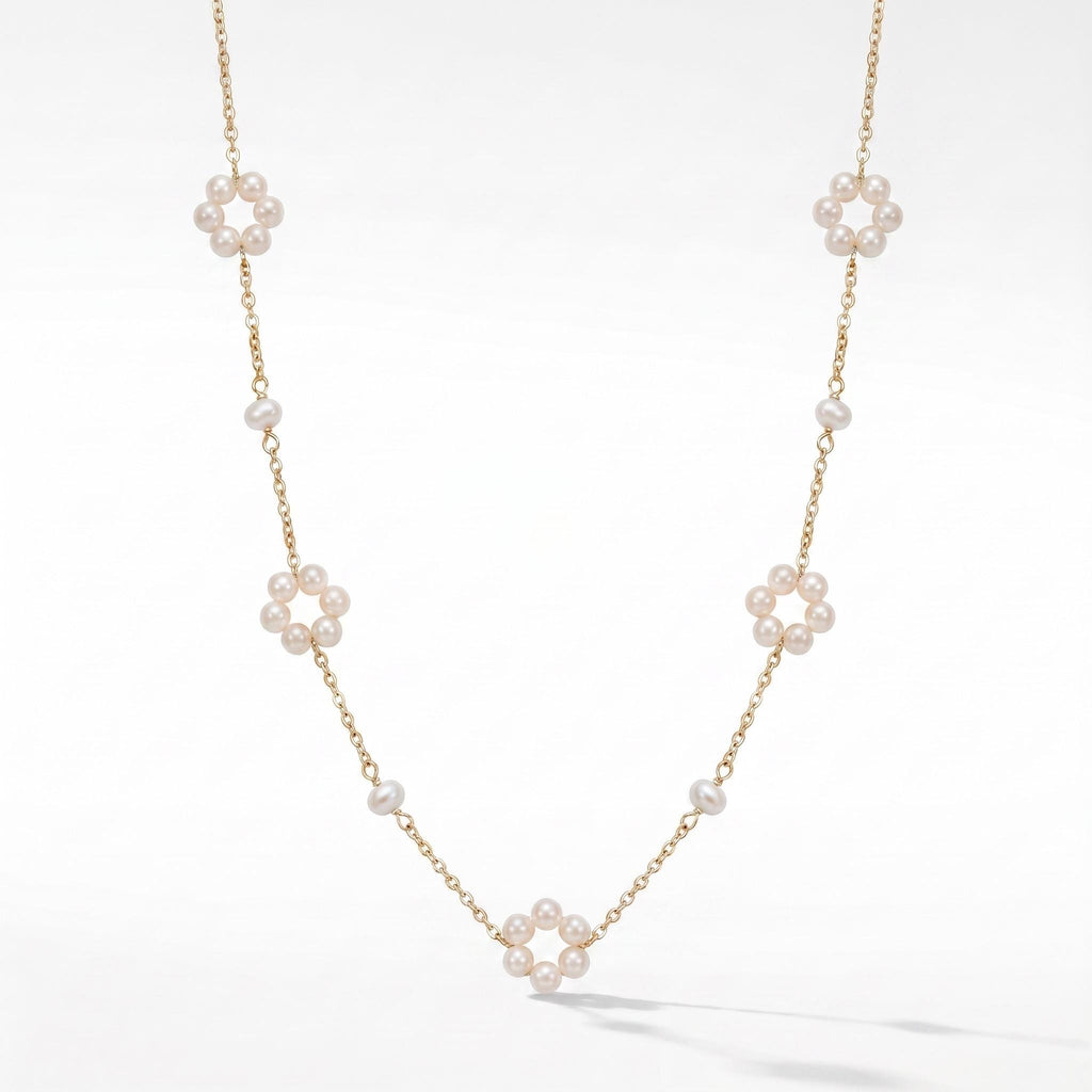 Pearl Flower Necklace, Freshwater Pearl Daisy Chain 18 Inch, 18K Gold or White Gold Vermeil, Dainty Layering Necklace, Gift for Her
